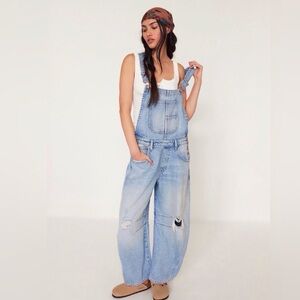 We The Free Wide Leg Distressed Denim Overalls FREE PEOPLE 100% Lyocell